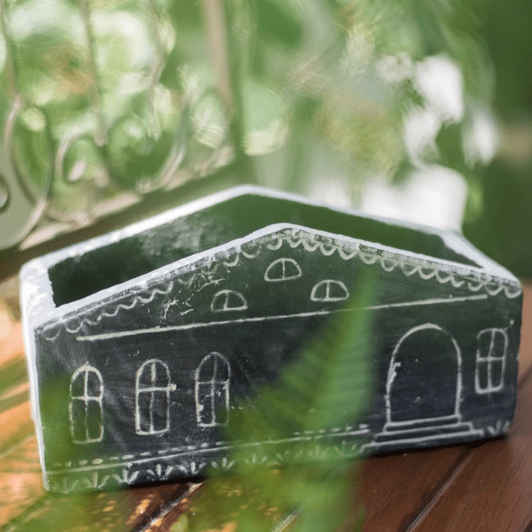 TinyHome Clay Planter by RusticReach, black house-shaped pottery with white chalk accents on Tampa Home & Garden Store