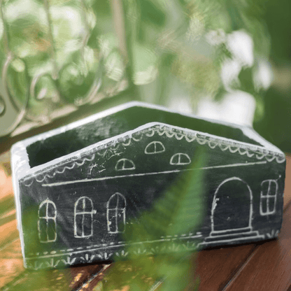 TinyHome Clay Planter by RusticReach, black house-shaped pottery with white chalk accents on Tampa Home & Garden Store