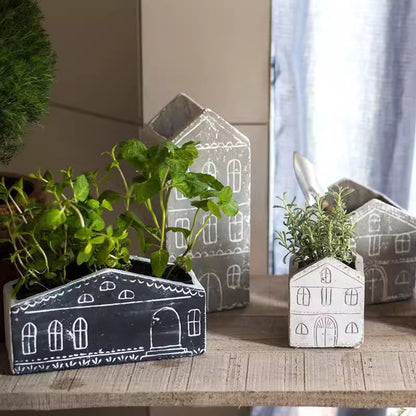 TinyHome Clay Planters by RusticReach; four gray/white house pots with chalk-drawn windows on Tampa Home & Garden Store
