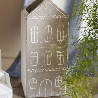 TinyHome Clay Planters gray house planter with white windows and door RusticReach on Tampa Home & Garden Store