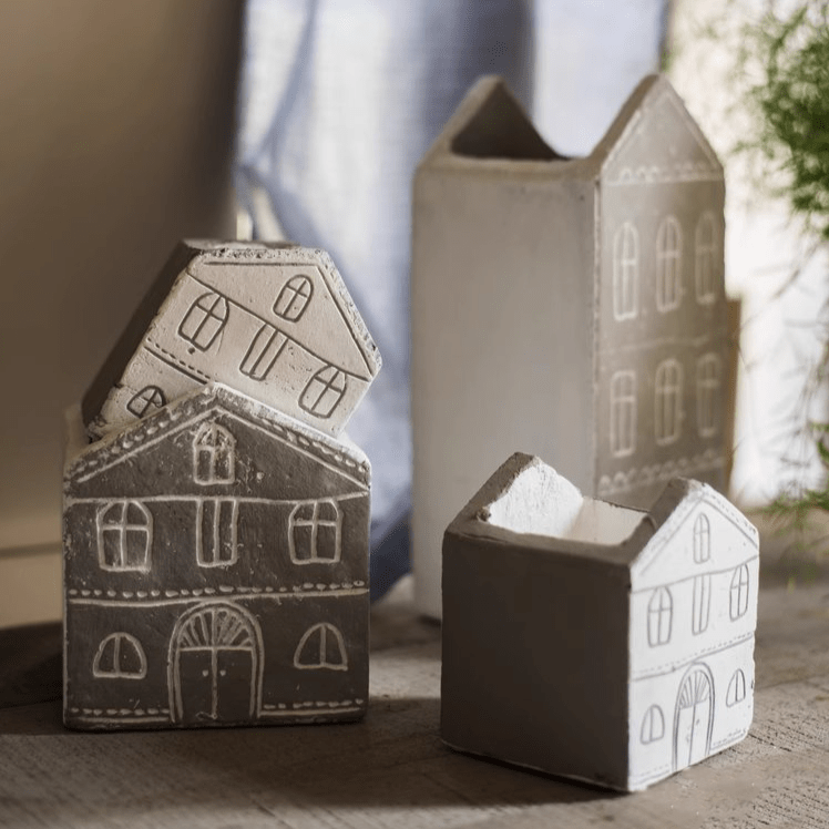 TinyHome Clay Planters by RusticReach, set of 4 white and gray house-shaped ceramic pots on Tampa Home & Garden Store