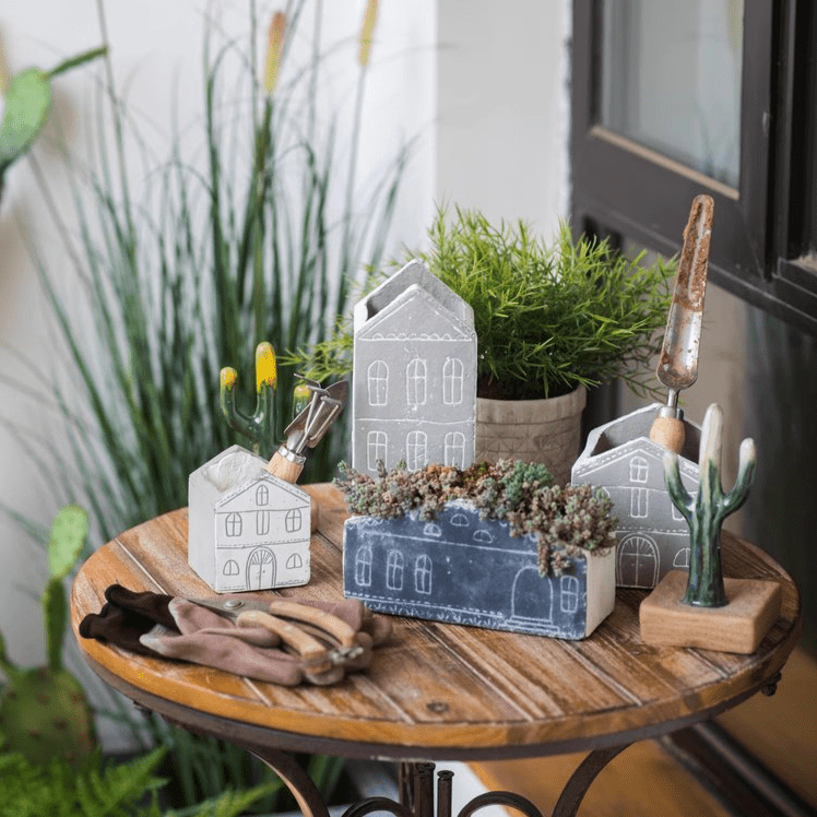 TinyHome clay planters set gray and blue house pots with chalk drawings RusticReach on Tampa Home & Garden Store