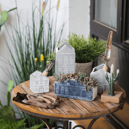 TinyHome clay planters set gray and blue house pots with chalk drawings RusticReach on Tampa Home & Garden Store