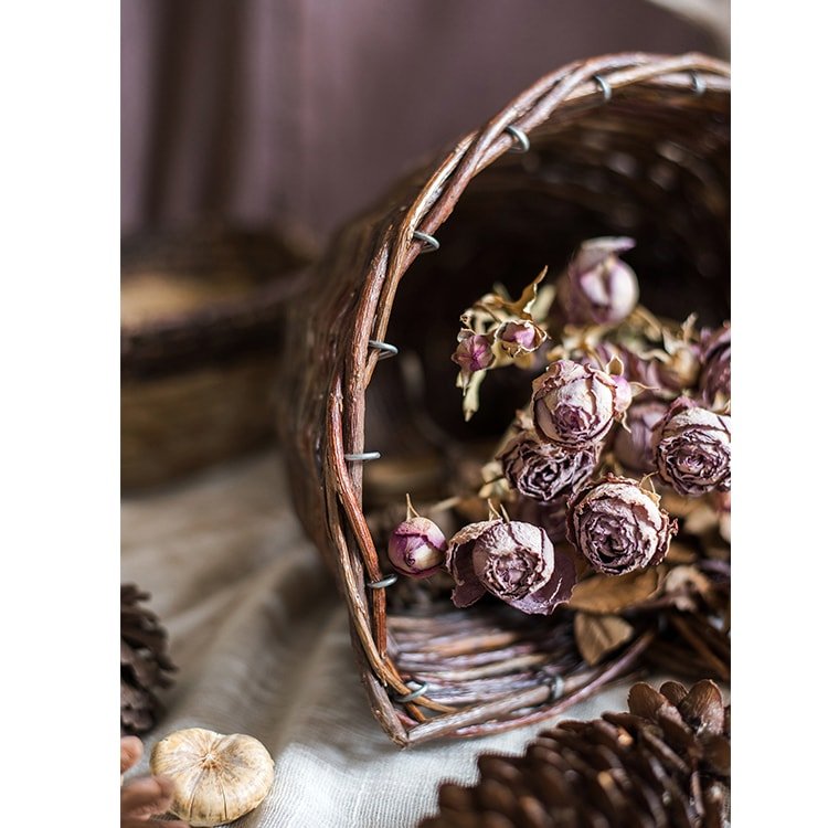 Horn Shape Willow Hanging Basket Planter natural brown wicker with dried pink roses on Tampa Home & Garden Store