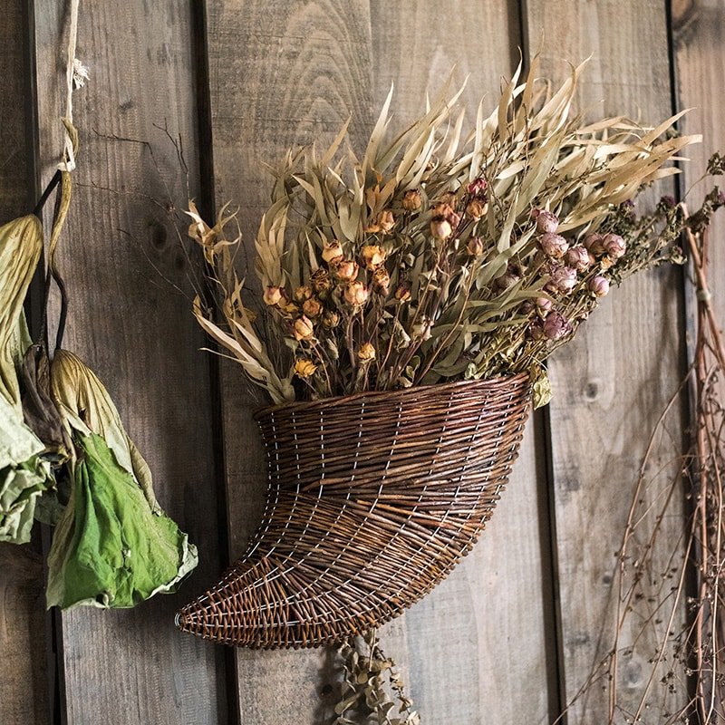 Horn Shape Willow Hanging Basket Planter RusticReach dark brown wicker with dried flowers on Tampa Home & Garden Store