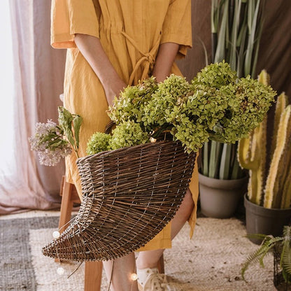 Horn Shape Willow Hanging Basket Planter dark brown wicker with green blooms on Tampa Home & Garden Store