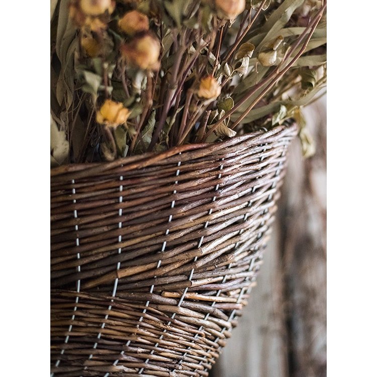 Horn Shape Willow Hanging Basket Planter in dark brown woven willow with white stitches on Tampa Home & Garden Store