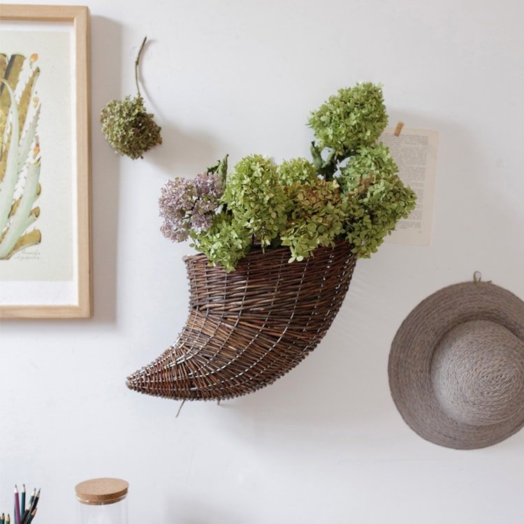 Horn Shape Willow Hanging Basket Planter by RusticReach, brown wicker with hydrangea blooms on Tampa Home & Garden Store
