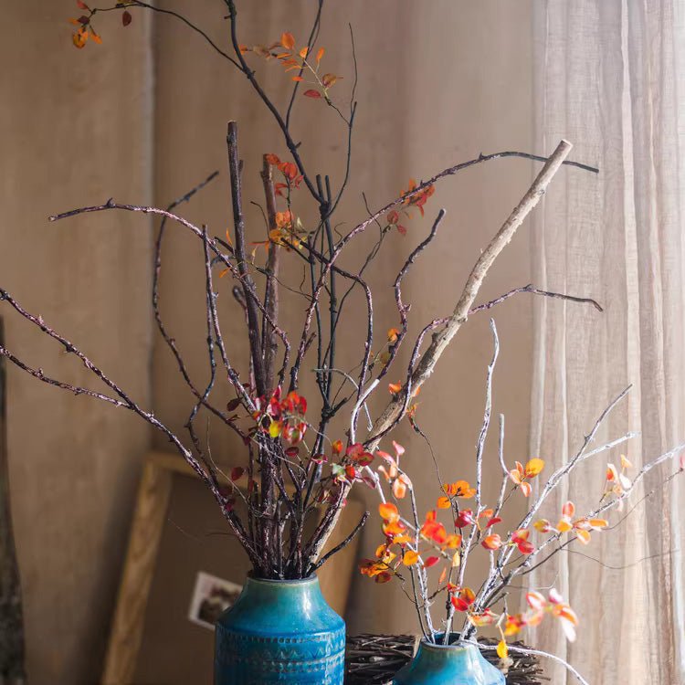 Ikebana Twig Branch RusticReach two teal ceramic vases orange leaves artificial plants on Tampa Home & Garden Store