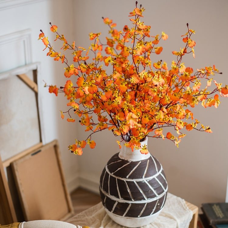 Oncidium Orchid Stem in Orange, 31 in tall, RusticReach artificial flowering plant in vase on Tampa Home & Garden Store