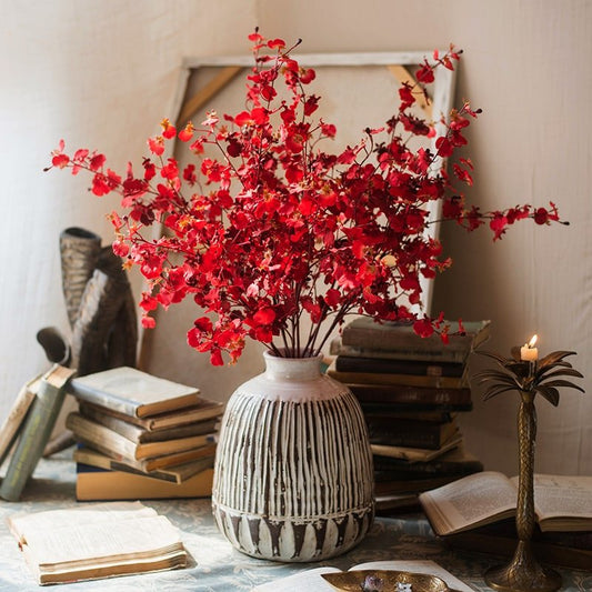 Impressionist Oncidium Orchid Stem red artificial flowering plant, 31 in tall in a ceramic vase on Tampa Home & Garden Store