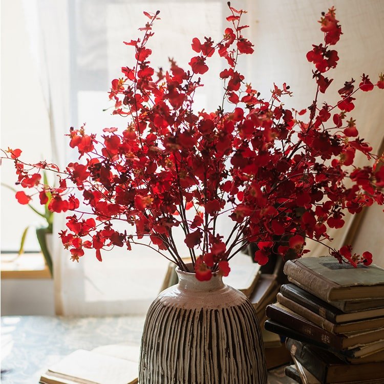 Impressionist Red Oncidium Orchid Stem 31in tall artificial stem RusticReach ceramic vase on Tampa Home & Garden Store