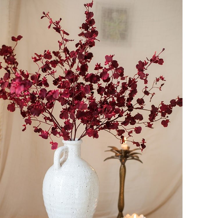 Impressionist Oncidium Orchid Stem in Red, 31in tall artificial stem in white vase RusticReach on Tampa Home & Garden Store
