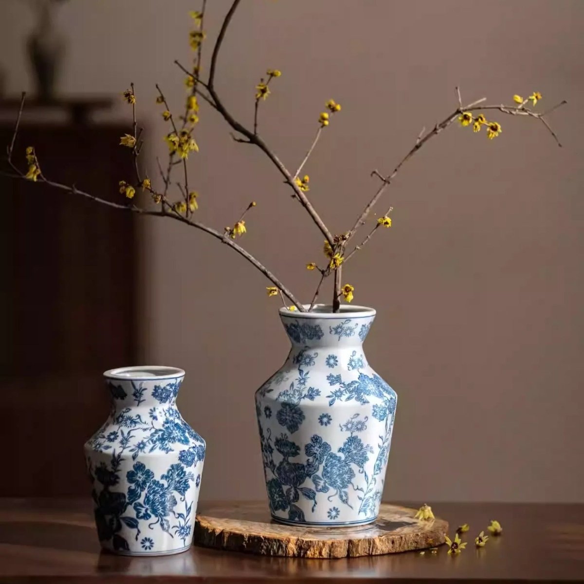Indigo Porcelain Vase set of 2 with blue floral patterns, white glaze by RusticReach on Tampa Home & Garden Store