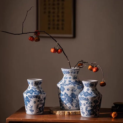 Indigo Porcelain Vase set of 3 by RusticReach in blue-and-white floral pattern on Tampa Home & Garden Store