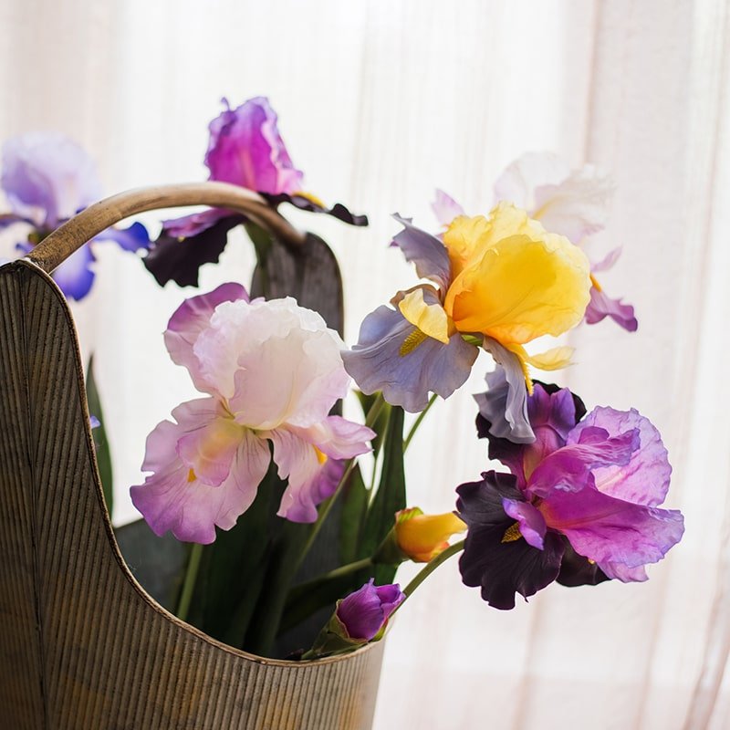 Faux iris stem 31.5 in tall silk in a ribbed metal bucket with wooden handle multicolor irises on Tampa Home & Garden Store