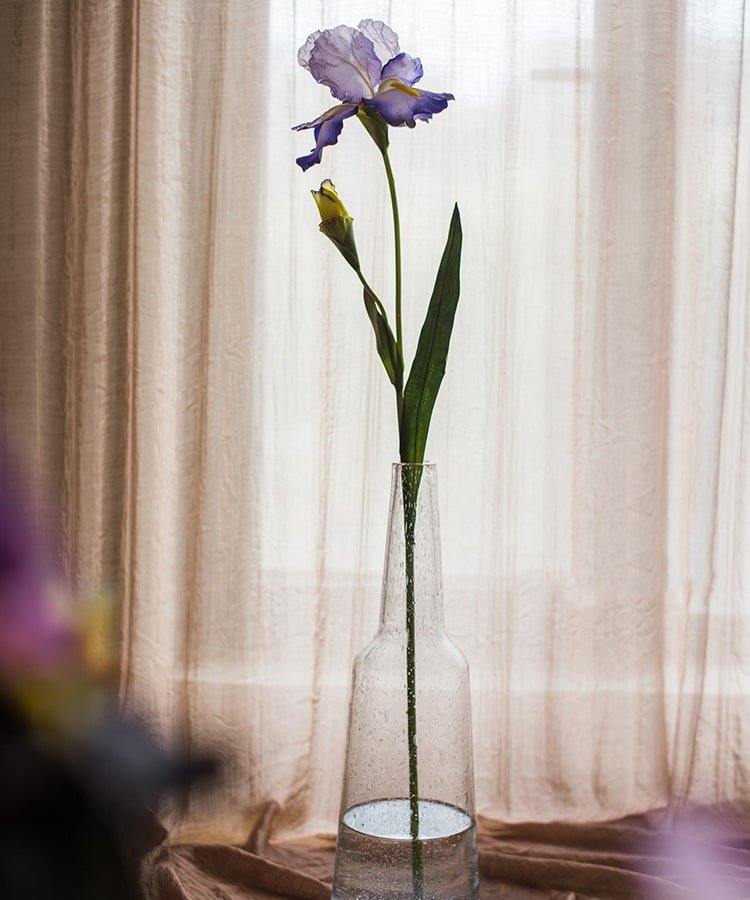 Faux artificial iris stem, silk 31.5 in tall, purple bloom with green stem in clear glass vase on Tampa Home & Garden Store