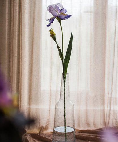 Faux artificial iris stem, silk 31.5 in tall, purple bloom with green stem in clear glass vase on Tampa Home & Garden Store