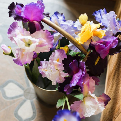 Faux iris silk flower stem in metal vase multicolor purple yellow white RusticReach on Tampa Home & Garden Store