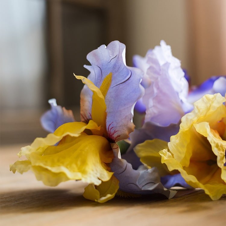 Faux iris flower stem 31.5 in tall silk, yellow and lavender petals, RusticReach on Tampa Home & Garden Store