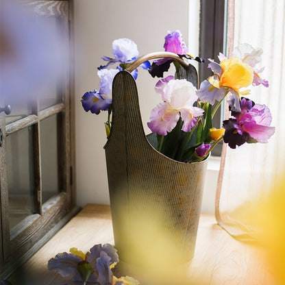 Faux Silk Iris Flower Stem in a ribbed metal watering can vase with purple blooms RusticReach on Tampa Home & Garden Store