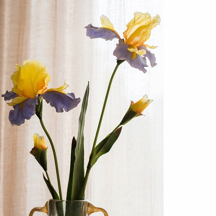 Faux iris silk flower stem, 31.5 in tall, yellow and purple blooms in a glass vase RusticReach on Tampa Home & Garden Store