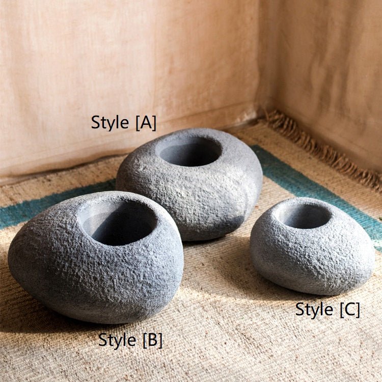 Japanese Zen Style Gray Stone Flowerpot set of 3 by RusticReach, textured gray stone pots on Tampa Home & Garden Store