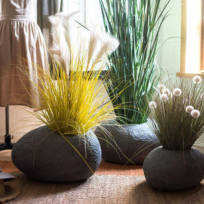 Japanese Zen Style Gray Stone Flowerpots, set of 3 with ornamental grasses by RusticReach on Tampa Home & Garden Store
