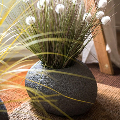 Japanese Zen Style Gray Stone Flowerpot RusticReach round textured planter on Tampa Home & Garden Store
