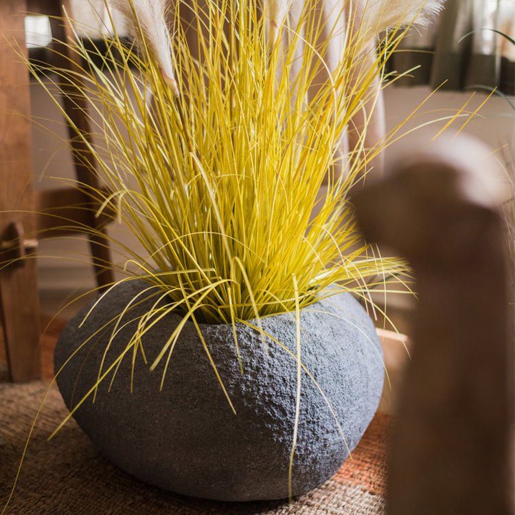 Japanese Zen Style Gray Stone Flowerpot with yellow ornamental grass by RusticReach on Tampa Home & Garden Store