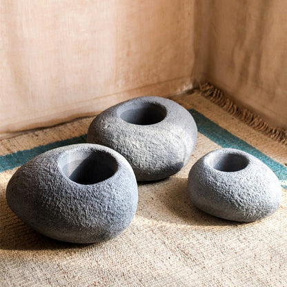 Japanese Zen Style Gray Stone Flowerpot trio with hollow centers and rough pebble texture on Tampa Home & Garden Store