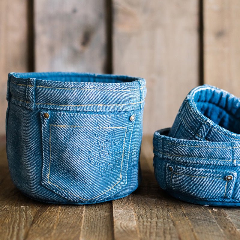 Pants for Plants blue denim planter set with jean pockets, two sizes RusticReach on Tampa Home & Garden Store