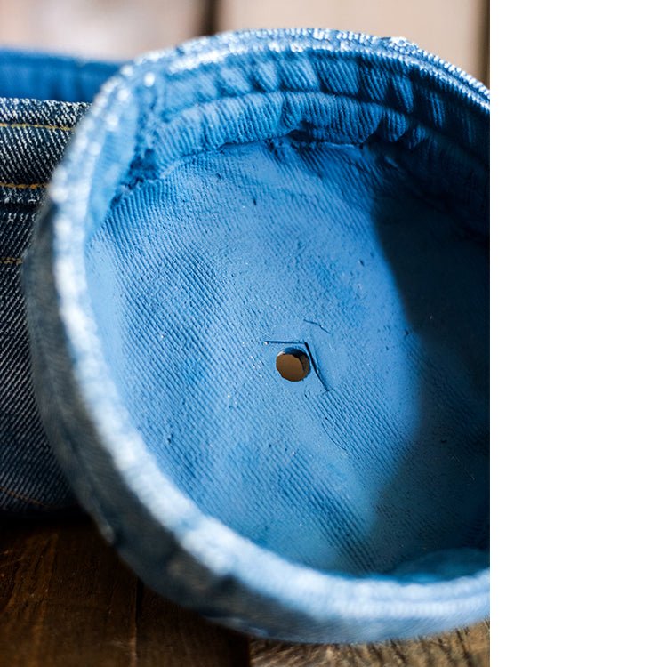 Pants for Plants blue denim cement flower pot by RusticReach with drainage hole on Tampa Home & Garden Store