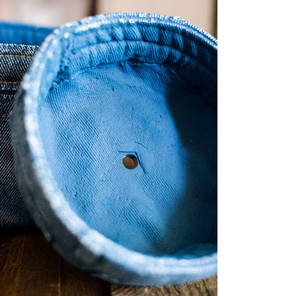 Pants for Plants blue denim cement flower pot by RusticReach with drainage hole on Tampa Home & Garden Store