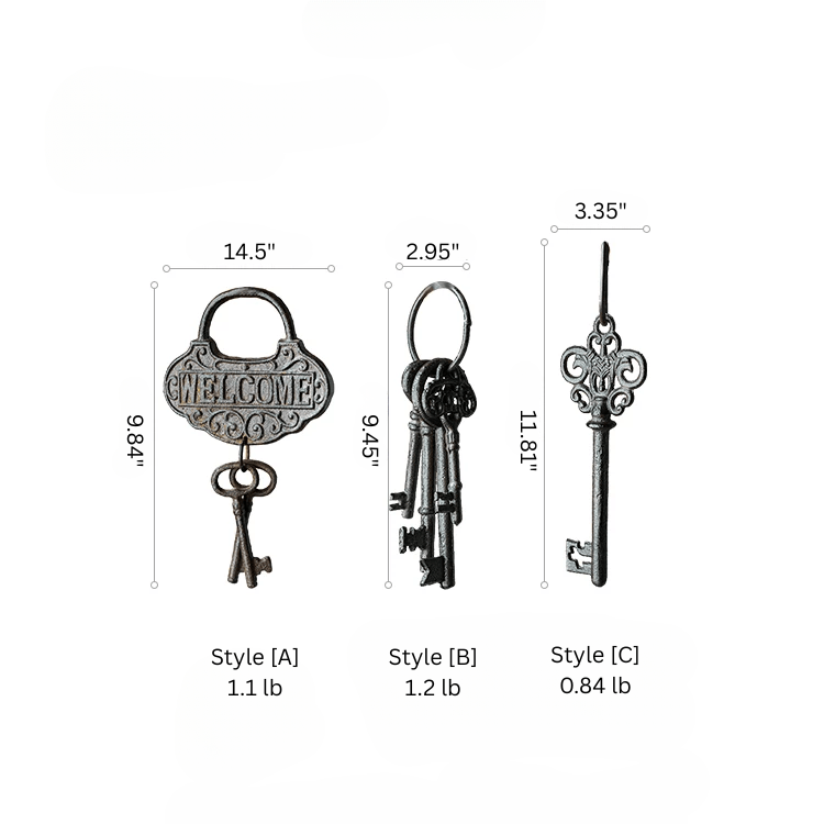 Farmhouse Vintage Key Wall Accent set by RusticReach: three antique metal keys for wall hooks on Tampa Home & Garden Store