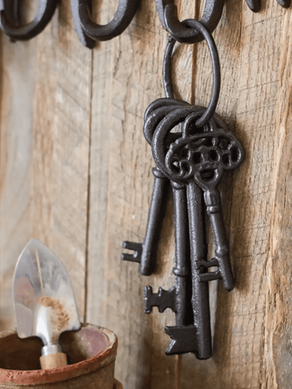 Farmhouse Vintage Key Wall Accent by RusticReach, dark iron ornate keys on rustic wood on Tampa Home & Garden Store