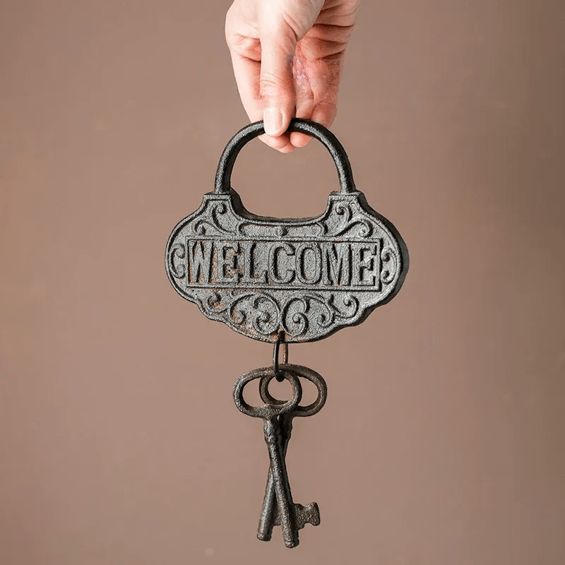 Farmhouse vintage key wall accent, metal cast iron with WELCOME plaque on Tampa Home & Garden Store