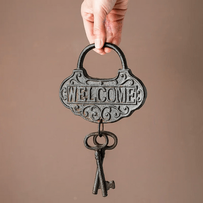 Farmhouse vintage key wall accent, metal cast iron with WELCOME plaque on Tampa Home & Garden Store