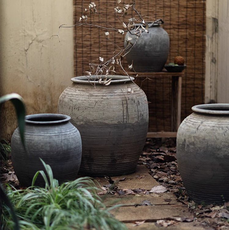 Large antique ceramic pot set of 4, gray stoneware planters, RusticReach brand on Tampa Home & Garden Store