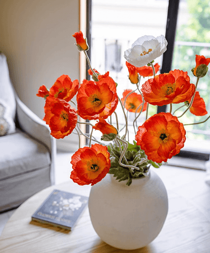 Faux large silk poppy stem arrangement in orange with a white poppy, RusticReach vase on Tampa Home & Garden Store
