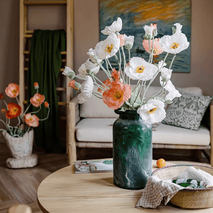 Faux Silk Poppy Flower Stem 41 in tall with peach blooms in a green RusticReach vase on Tampa Home & Garden Store