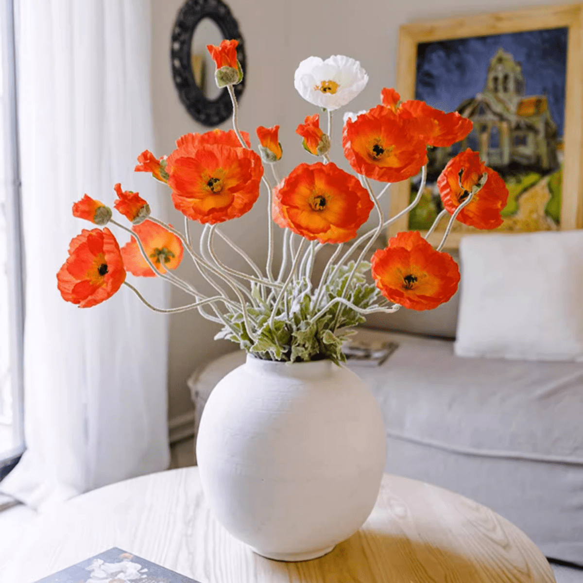 Faux large silk poppy flower stem with orange blooms in a white vase 41 inches tall on Tampa Home & Garden Store