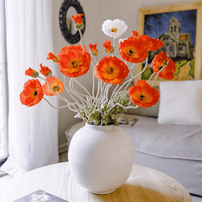Faux large silk poppy flower stem with orange blooms in a white vase 41 inches tall on Tampa Home & Garden Store