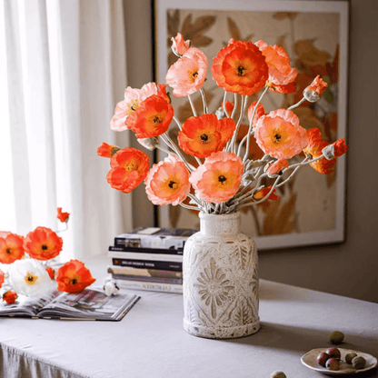 Faux large silk poppy stem bouquet, orange-peach blossoms in cream vase RusticReach on Tampa Home & Garden Store