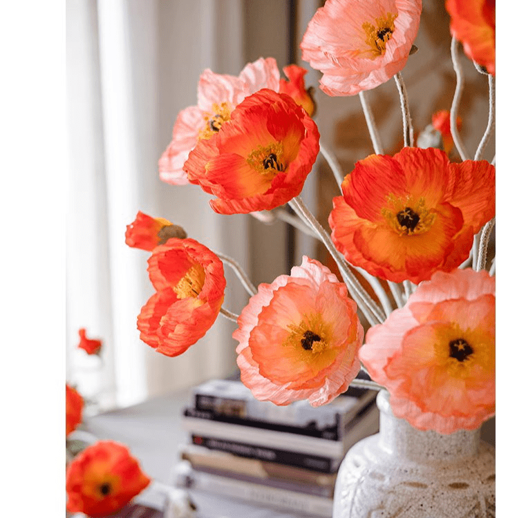 Faux Silk Poppy Flower Stem, orange-pink blooms, RusticReach artificial flowering plant on Tampa Home & Garden Store