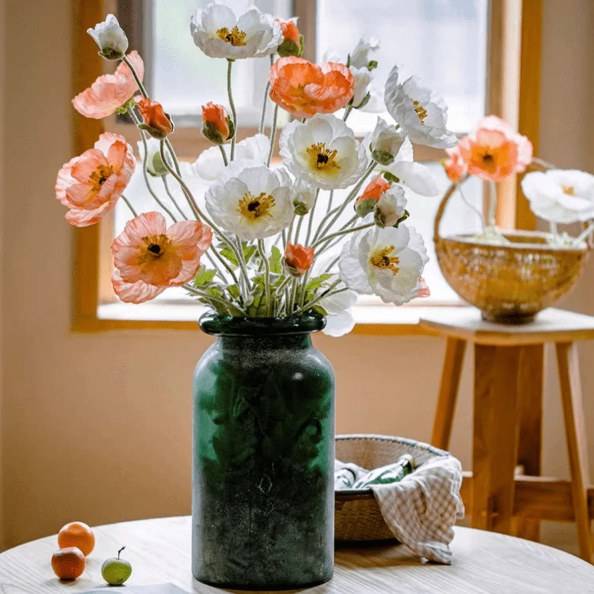 Faux Large Silk Poppy Stem 41-inch tall in green vase by RusticReach artificial flowers on Tampa Home & Garden Store