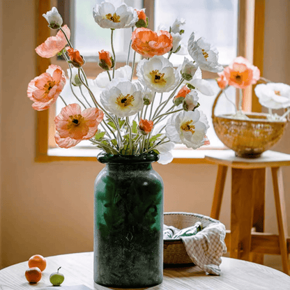 Faux Large Silk Poppy Stem 41-inch tall in green vase by RusticReach artificial flowers on Tampa Home & Garden Store