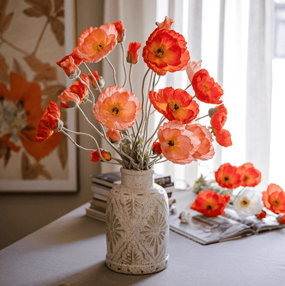Faux silk poppy stem arrangement in a ceramic vase orange-red blooms RusticReach on Tampa Home & Garden Store