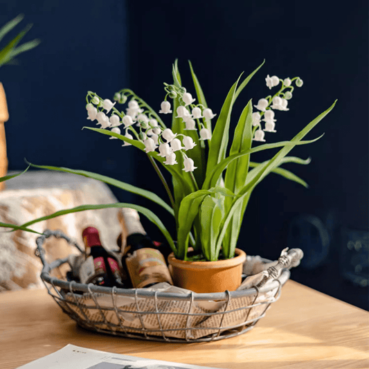 Faux Lily of the Valley in brown pot with green leaves on a wire basket on Tampa Home & Garden Store