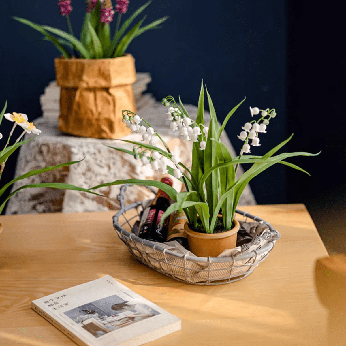 Faux Lily of the Valley in Brown Pot with white blooms, green leaves on Tampa Home & Garden Store